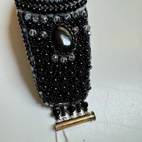 Artisan Vintage Genuine Agate~Obsidian Black Onyx Jet Bead cuff~Leather lined